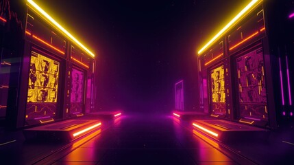 Fototapeta premium Futuristic corridor, neon lights illuminate dark space. Symmetry creates dramatic perspective, hinting at distant doorway. Minimalist design.