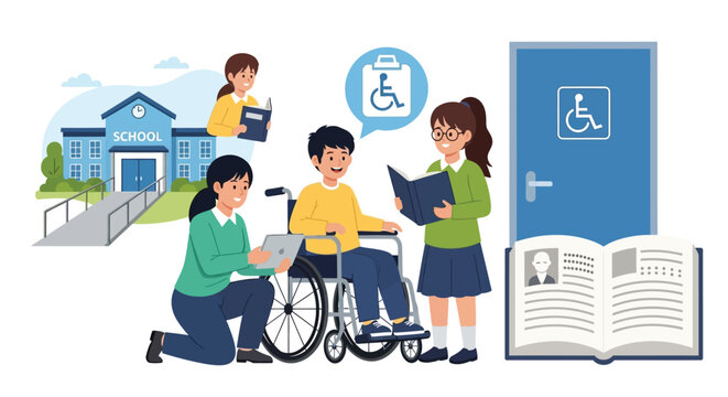 Inclusive education for student with disability in school flat vector illustration