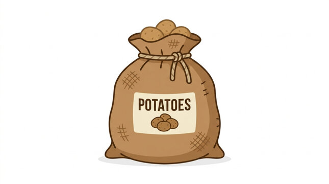 Brown burlap sack filled with potatoes labeled POTATOES.