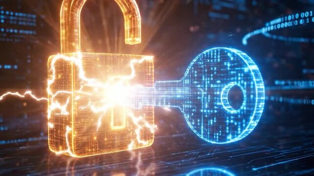 Digital Cybersecurity Concept: Glowing Padlock and Key with Futuristic Circuit Patterns