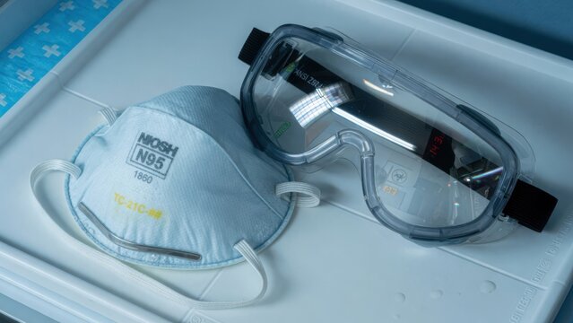 Personal Protective Equipment N95 Mask and Safety Goggles in Sterile Medical Container