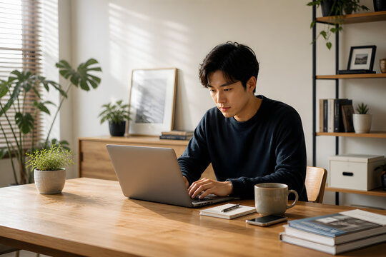 Young man focused on laptop work in modern home office with plants, coffee mug, and warm natural morning sunlight.