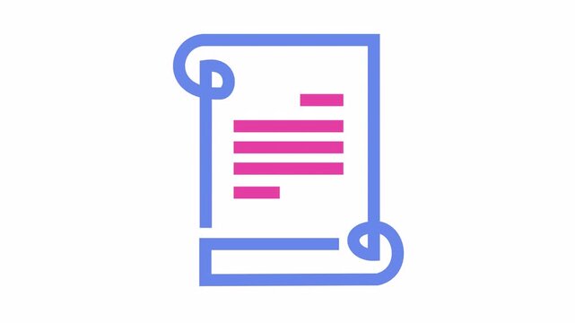 Minimalist diploma scroll icon with pink and blue line art cartoon animation isolated on a transparent background. Simple certificate graphic with graduation scroll symbol for academic element.