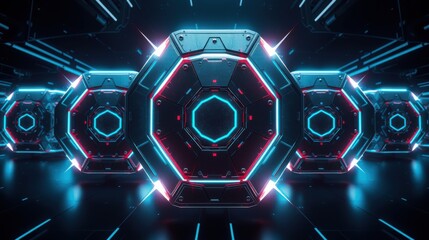 Fototapeta premium Futuristic corridor features hexagonal structures. Blue, red lights create dramatic perspective. Dark background emphasizes glowing geometry.