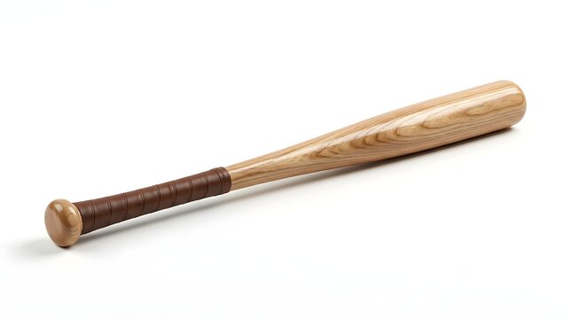 A classic wooden baseball bat with a brown grip lies on a white background.