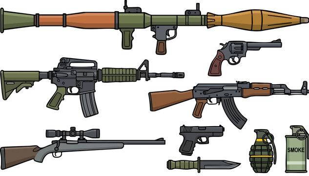 Military weapons collection vector set, modern assault rifles and handguns illustration, tactical firearms and explosive grenades icons