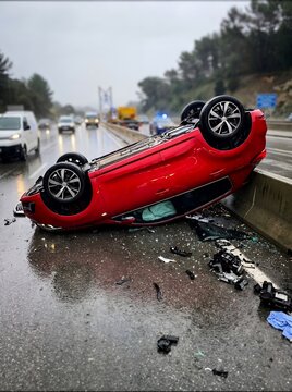 Overturned Car on Highway After Serious Traffic Accident
