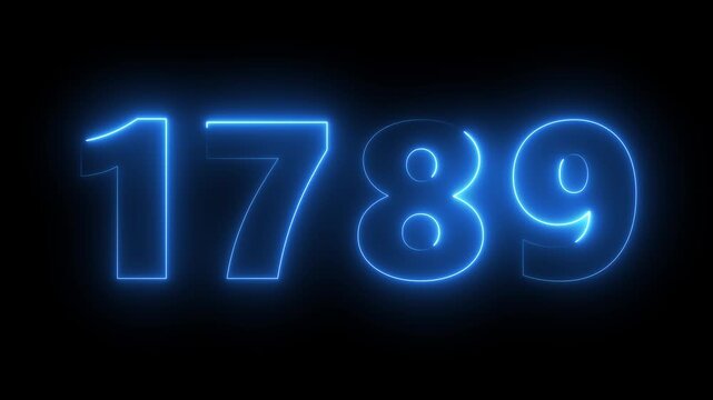 Glowing neon number 1789 animation on black background, digital countdown or year display numbers