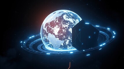 Fototapeta premium Earth surrounded by glowing rings, futuristic cube nearby. Digital connections visible across continents, space background.