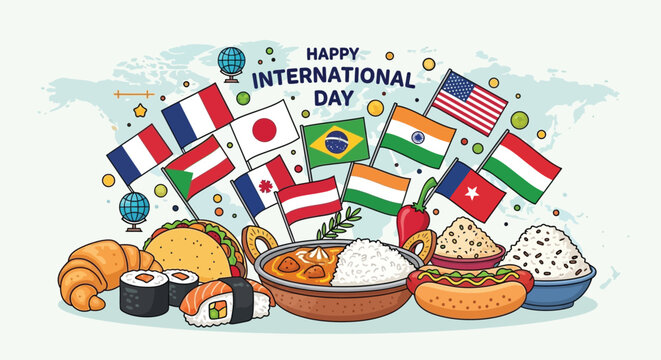 International day celebration with world flags and global food