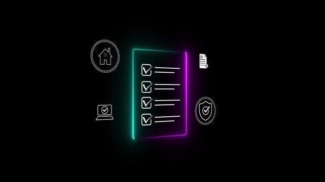 A digital checklist displayed on a glass-like panel, surrounded by security icons symbolizing data protection, privacy, and online safety. Glowing neon background, Motion graphics concept.4K