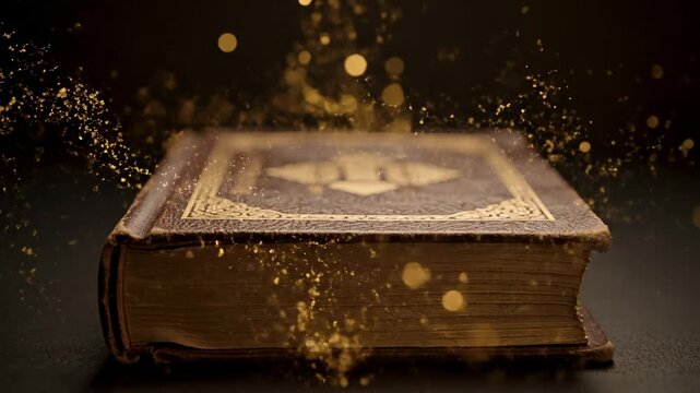 Close-up of an old, ornate book emitting glowing particles on a dark surface