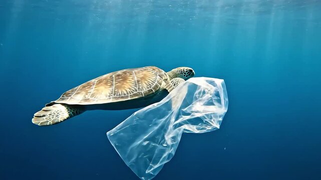 Minimal Ocean Pollution Concept with Sea Turtle and Plastic Bag