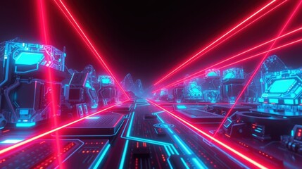 Fototapeta premium Futuristic cityscape glows. Neon lights create vibrant lines, forming complex network. Dark background emphasizes bright illumination.