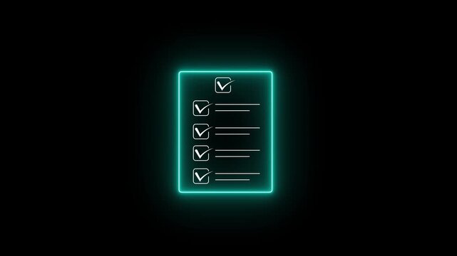 Glowing neon check list animated outline icon. Checklist line icon animation. document marking, mark icon 4k motion