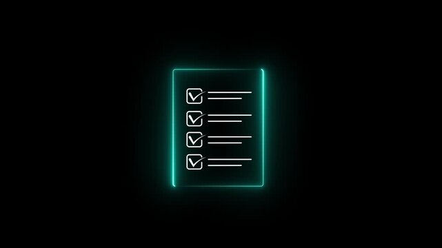 Glowing neon check list animated outline icon. Checklist line icon animation. document marking, mark icon 4k motion