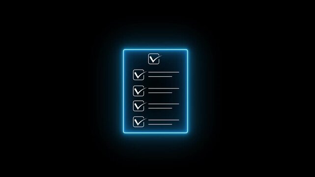 Glowing neon check list animated outline icon. Checklist line icon animation. document marking, mark icon 4k motion
