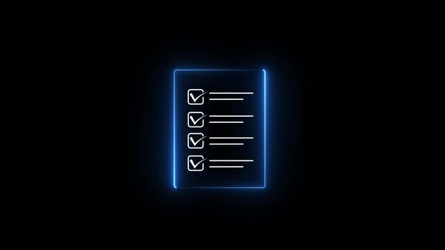 Glowing neon check list animated outline icon. Checklist line icon animation. document marking, mark icon 4k motion