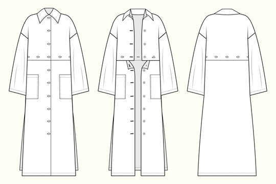 Modular Layered Utility Trench Maxi Coat Technical Fashion Flat Sketch CAD