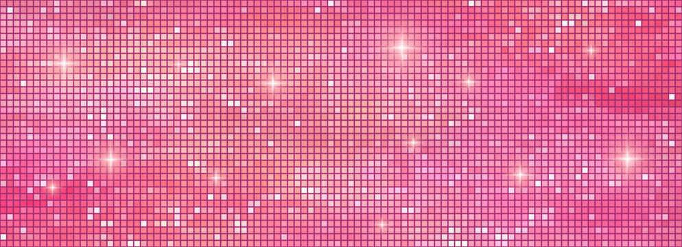 Pink disco ball with holographic gradient reflection creates vibrant dance club atmosphere. Iridescent mirror sphere with glitter texture for futuristic party flyer design