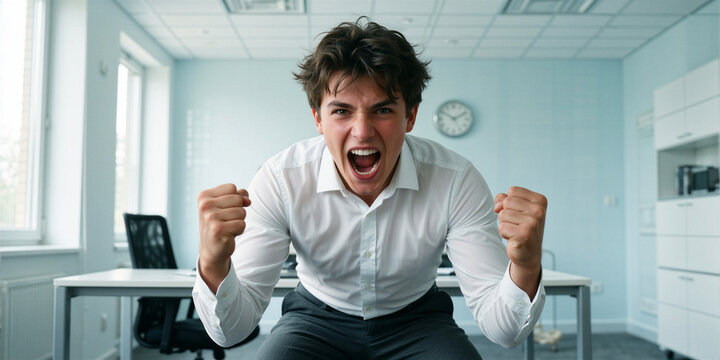 A determined teenager screams loudly in a minimalist modern office, his tense pose dominating the frame against a pale blue background.