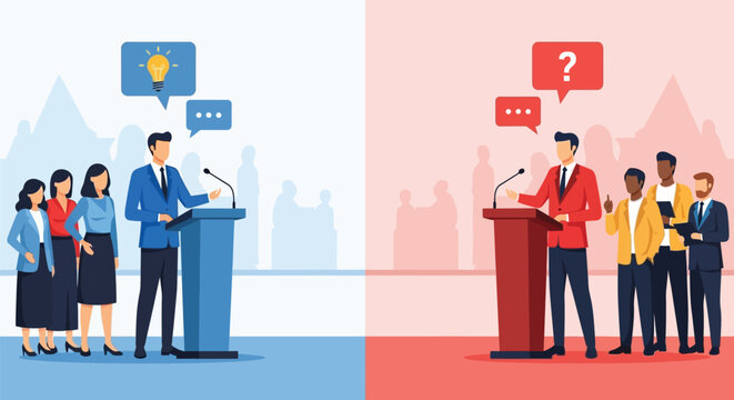 Two political candidates debating at podiums with speech bubbles