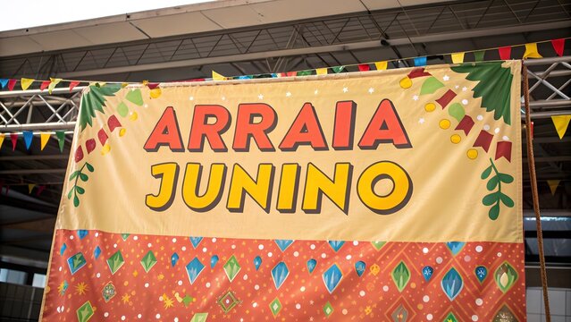 Colorful Arraia Junino festival banner with festive decorations and traditional Brazilian theme