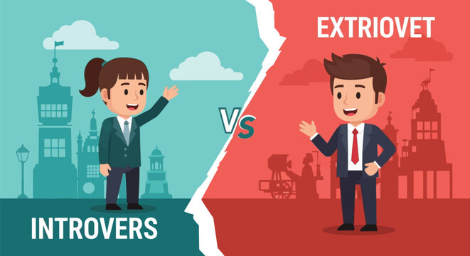 Illustration comparing introvert and extrovert personalities in business clothing