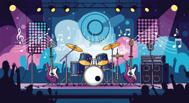 Musical instruments on stage with colorful lights and crowd silhouette