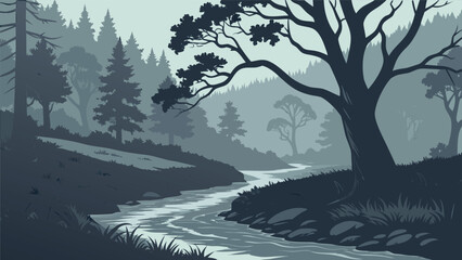 Night Forest Landscapes with Full Moon, River Streams, and Pine Tree Silhouettes in a Monochromatic Blue Style © SABIHA