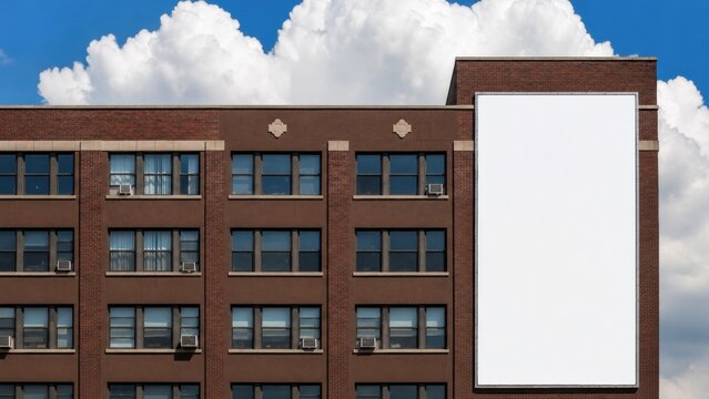 Blank vertical billboard mockup on the side of a brick building against a cloudy sky, ideal for outdoor advertising, branding or urban campaign display