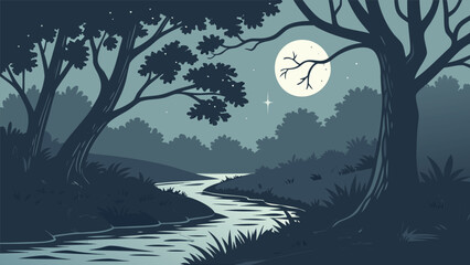 Night Forest Landscapes with Full Moon, River Streams, and Pine Tree Silhouettes in a Monochromatic Blue Style © SABIHA