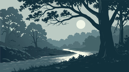 Night Forest Landscapes with Full Moon, River Streams, and Pine Tree Silhouettes in a Monochromatic Blue Style © SABIHA