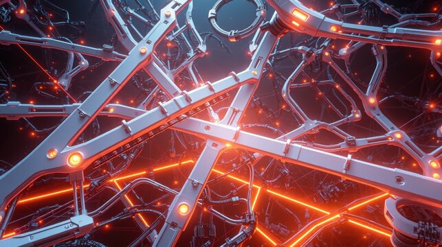 Intricate network, glowing orange lines, metallic structure. Futuristic design, complex connections, dark background. Abstract digital art.