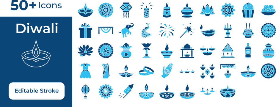 Set of 50+ Diwali festival line icons with editable stroke featuring diya, rangoli, crackers, and Indian cultural celebration elements.