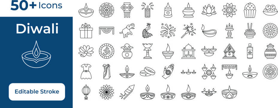 Comprehensive Diwali festival icon collection featuring traditional diya lamps, rangoli patterns, and Indian celebration elements.