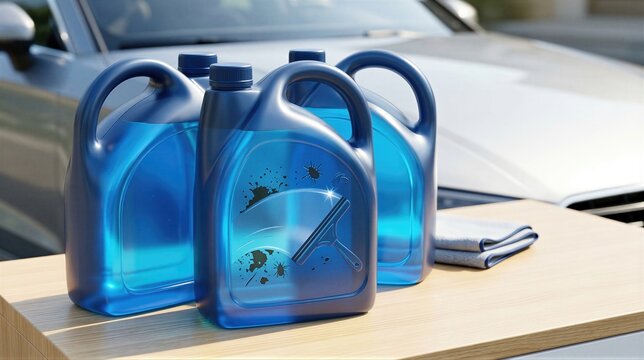 Blue plastic jugs with windshield washer fluid for car maintenance. Cleaning liquid for automotive glass to remove dirt and insects. Seasonal vehicle preparation and auto accessory supply.
