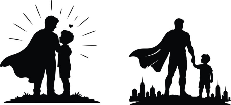 Superhero dad silhouettes with kids