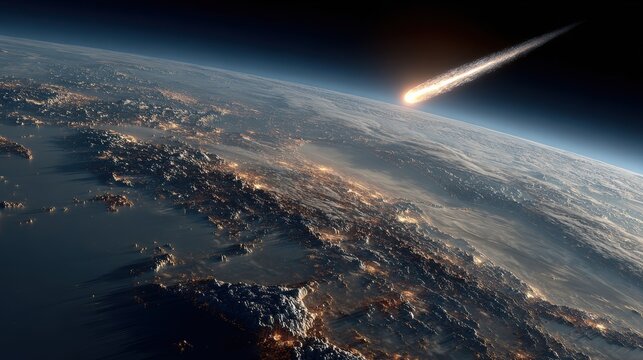 Space universe exploration, fantasy. A vivid, highresolution depiction of Earth from space shows a cityscape illuminated by city lights at night. The city is densely populated with buildings, roads.