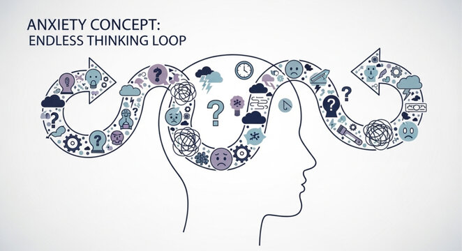 Anxiety concept endless thinking loop inside human head illustration.