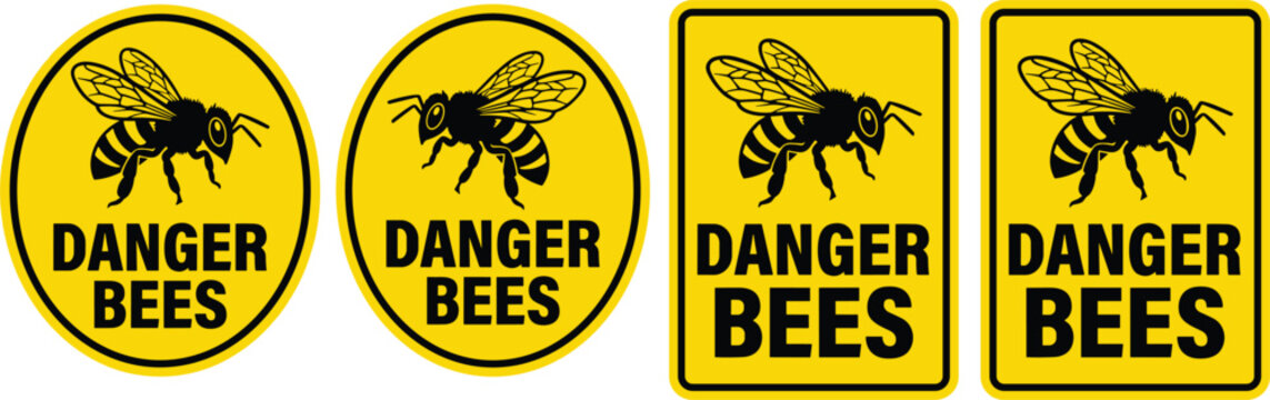 Danger Bees warning sign set with yellow and black safety decals and placards vector