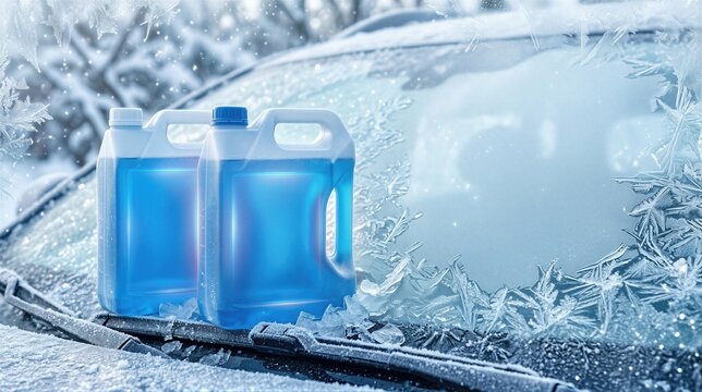 Blue windshield washer fluid in plastic container on frozen car hood. Winter vehicle maintenance and preparation. Accessory for ice removal from glass during cold season. Automotive liquid.