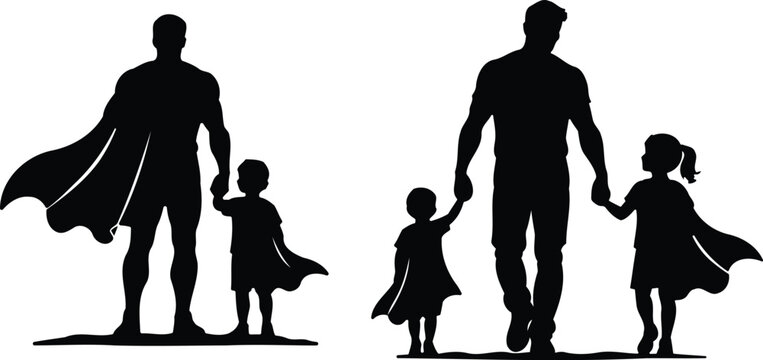 Silhouette of a father and children in superhero capes