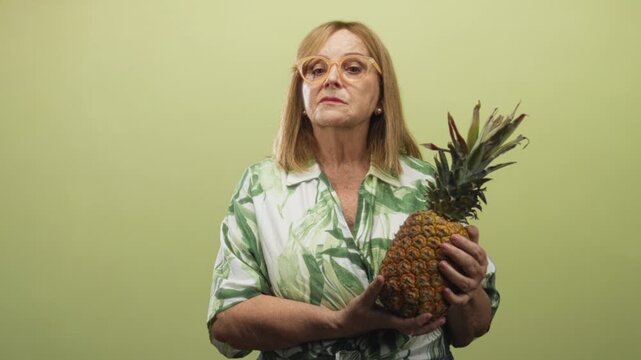 Blonde senior hispanic woman holds pineapple with hands visible, neutral gaze, wearing green leaf shirt against pale green backdrop in studio; quiet contemplation.