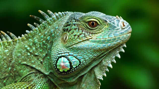 Close-up of a vibrant green reptile with detailed scales
