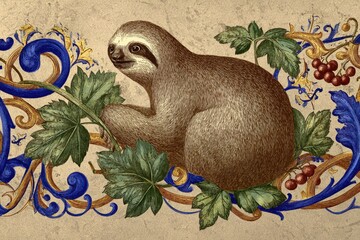 Naklejka premium Illustration of a Sloth with Blue and Gold Floral Pattern Border Design