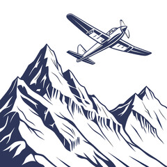 biplane flying over mountain range vintage style illustration on white background © md shuvo1122