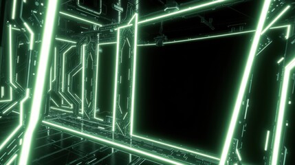 Fototapeta premium Futuristic tunnel, glowing neon lines forming geometric shapes. Dark background emphasizes bright illumination, creating digital aesthetic.