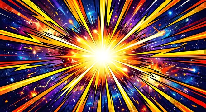  Cosmic Galaxy Comic Style Burst with Yellow Lightning Speed Lines and Starry Background