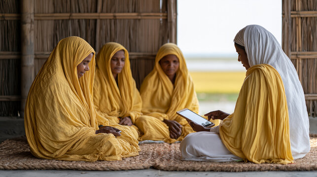 Women farmer empowerment mobile banking demonstration in rural Bangladesh, microfinance field officer showing agricultural loan repayment app to group of women seated on jute mats, paddy field visib
